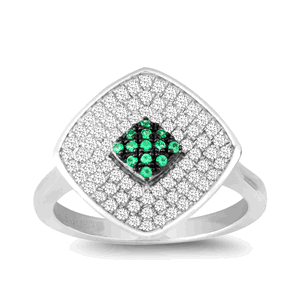 Sterling Silver Clear and Green CZ Micro Pave Square Ring - Size 8 - W-9883-8