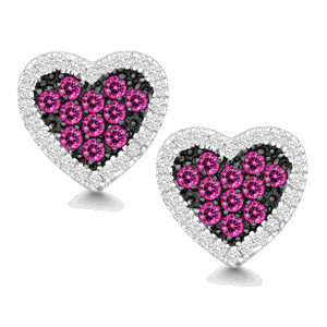 Sterling Silver Clear and Pink CZ Black Rhodium Heart Earrings  - D-5152