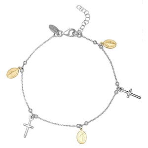 Sterling Silver  Cross and Medal Charm Bracelet - 7 Inch - S-4936