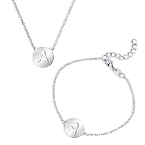 Sterling Silver Cut-Out Shiny A Disc Initial Bracelet & Necklace Set  - SET-501