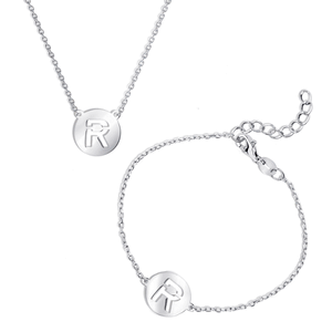 Sterling Silver Cut-Out Shiny R Disc Initial Bracelet & Necklace Set  - SET-515