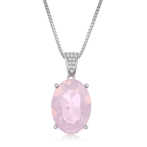 Sterling Silver CZ Bale and 14x10mm Oval - Pink Opal Swarovski Element Necklace - 17 Inch - BLK-8389