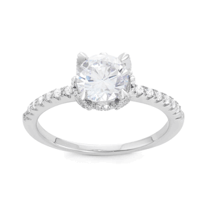 Sterling Silver CZ Band with Center Round Clear CZ Engagement Ring - Size 9 - W-1522-9