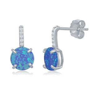 Sterling Silver CZ Bar Prong Round Blue Opal Earrings  - D-7519