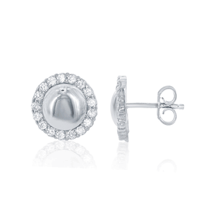 Sterling Silver CZ Border Round Stud Earrings  - D-6039