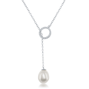Sterling Silver CZ Circle with Teardrop Freshwater Pearl Adjustable Bolo Necklace - 24 Inch - M-5539