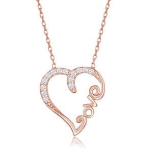 Sterling Silver CZ Open Heart With LOVE Necklace - Rose Gold Plated - 16 Inch - M-4656
