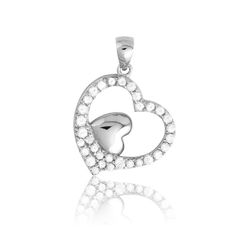 Sterling Silver CZ Outline Heart w Inner Silver Heart Pendant  - K-5353