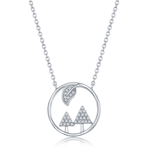 Sterling Silver CZ Trees & Leaf Round Necklace - 16 Inch - M-6352