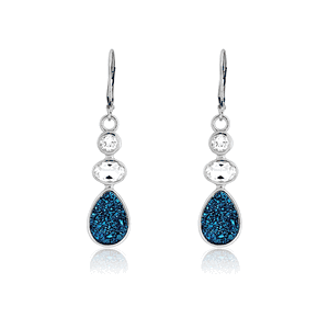 Sterling Silver CZ wDark Blue Teardrop Druzy Earrings  - D-4645
