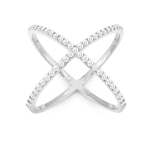 Sterling Silver CZ X Style Ring - Size 10 - W-9947-10