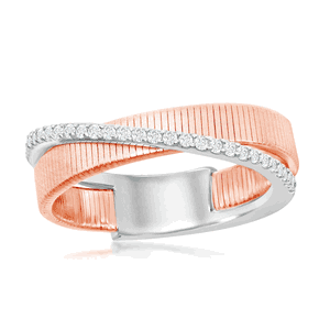 Sterling Silver Designer Ring; Set with CZ; Bonded with Platinium with 14K Rose Gold; MADE IN ITALY - Size 6 - W-2027-6