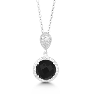 Sterling Silver Diamond and Round 9mm Black Onyx Pendant  - K-6607-OX