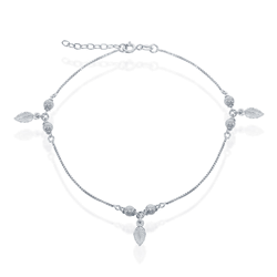 Sterling Silver Diamond Cut Beads with Leaf Charm Anklet - 9 Inch - R-9137