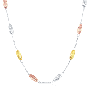 Sterling Silver Diamond Moon Cut Oval Bead Necklace - Tri Color - 16 Inch - L-3935