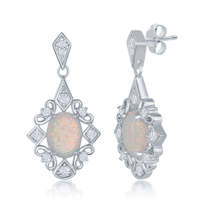 Sterling Silver Diamond Shape W CZs & Oval Opal Stone Earrings  - D-1597