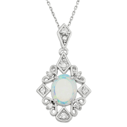 Sterling Silver Diamond Shape W CZs & Oval Opal Stone Pendant  - K-3027