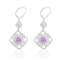 Sterling Silver Diamonds with Center Amethyst Square Earrings  - D-5117