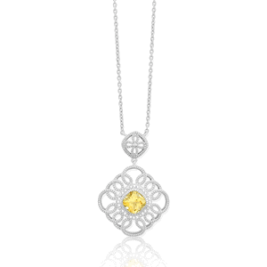 Sterling Silver  Diamonds with Center Citrine Double Square Necklace - 16 Inch - M-4739