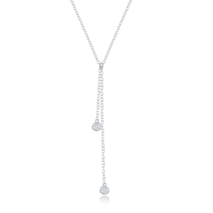 Sterling Silver Double Bezel-Set CZ Dangling Lariat Necklace - 16 Inch - M-6287
