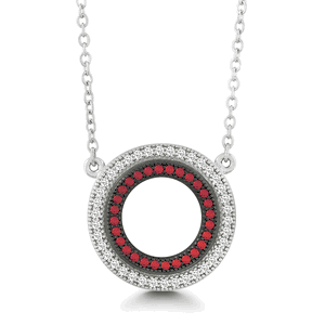 Sterling Silver  Double Open Ruby and Clear CZ Micro Pave Circle Necklace - 16 Inch - M-4774