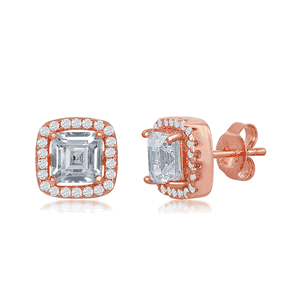 Sterling Silver Double Square CZ Stud Earrings - Rose Gold Plated  - D-7004-RG