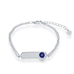 Sterling Silver Double Strand Micro Pave with Navy Evil Eye ID Bracelet - 6+1 Inch - T-7469