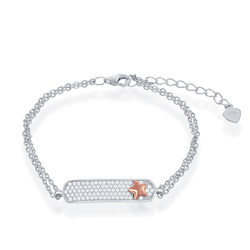 Sterling Silver Double Strand Micro Pave with RG Star ID Bracelet - 6+1 Inch - T-7466