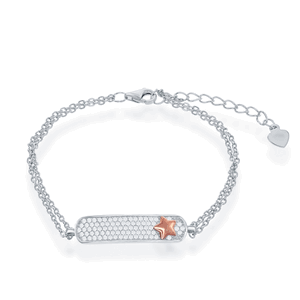 Sterling Silver Double Strand Micro Pave with RG Star ID Bracelet - 6+1 Inch - T-7466