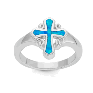 Sterling Silver Fancy Blue Inlay Opal Cross Ring - Size 6 - W-1360-6
