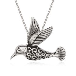 Sterling Silver Fancy Oxidized Hummingbird Pendant  - J-2547