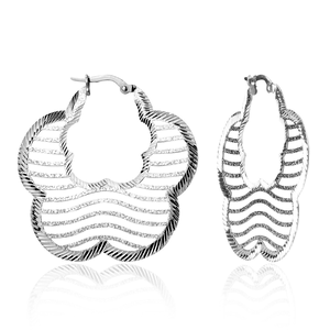 Sterling Silver Flat Lined Flower Shaped Hammered Hoop Earrings  - A-2120