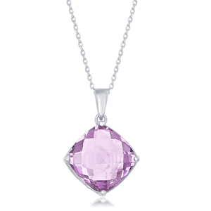 Sterling Silver Four-Prong Checkered 7.58cttw Pink Amethyst Necklace - 17 Inch - BLK-8060