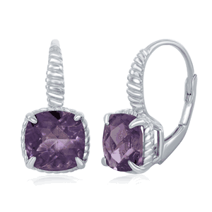 Sterling Silver Four-Prong Square Amethyst with Rope Design Border Earrings  - D-6958