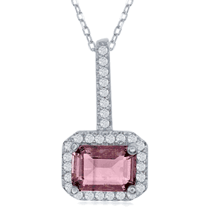 Sterling Silver Four-Prong Tourmaline CZ with CZ Border Pendant  - K-7951