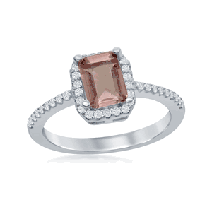 Sterling Silver Four-Prong Tourmaline CZ with CZ Border Ring - Size 7 - W-1881-7