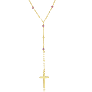 Sterling Silver Garnet & Plain Beads by the Yard Cross Rosary Necklace -Gold Plated - 16 Inch - M-6156