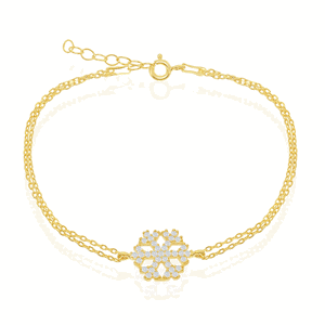 Sterling Silver GP Double-Strand Chain w Center CZ Snowflake Bracelet - 7 Inch - T-6233