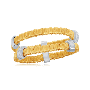 Sterling Silver GP Gold Threads Double Flexible Bands w Alternating Silver and CZ Bars - Size 6 - W-8955-6
