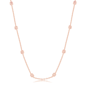 Sterling Silver Grid Square Beaded Chain - Rose Gold Plated - 16 Inch - Q-5611-16