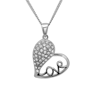 Sterling Silver Half CZ Heart&comma; Half Open with LOVE Necklace  - M-5012