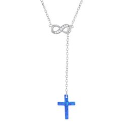 Sterling Silver Half CZ Infinity with Hanging Blue Inlay Opal Cross Necklace - 16 Inch - M-5673