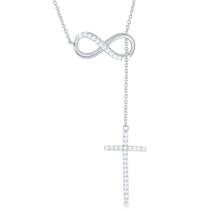 Sterling Silver Half CZ Infinity with Hanging CZ Cross Lariat Necklace - 18 Inch - M-5677