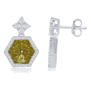 Sterling Silver Hexagon Shaped Center Yellow with CZ Border Earrings  - D-6474