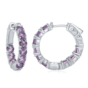 Sterling Silver Inside-Outside Amethyst Gemstone Hoop Earrings  - D-6891