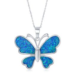 Sterling Silver Large Blue Inlay Opal Butterfly Pendant  - K-7991