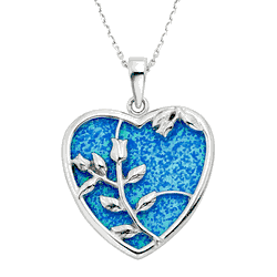 Sterling Silver Large Blue Inlay Opal Heart with Rose Pendant  - K-6996