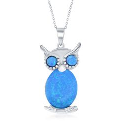 Sterling Silver Large Blue Inlay Opal Owl Pendant  - K-7988