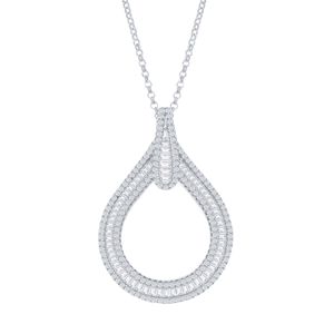 Sterling Silver Large Open Baguette CZ with Pave Border Teardrop Pendant W/Chain  - K-7941
