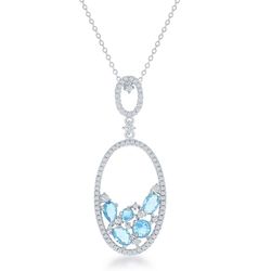 Sterling Silver Large Open Oval with Blue Multi Shaped CZs Pendant WChain  - K-7455